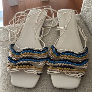 Zara Women’s Strappy Woven Square-Toe Sandals in White with Blue & Gold Accents